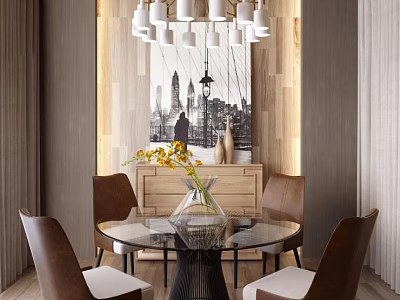 Modern Round Glass Dining Table Set With Four Brown Chairs Flower Vase And Chandelier 3d model