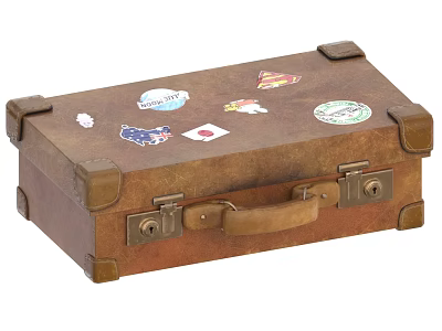 Vintage Brown Suitcase With Various Decorative Travel Stickers And Classic Design 3d model