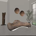 Irregular Shaped Wooden Sofa In Modern Interior With Decor Plates Floor Lamp And Green Plant
