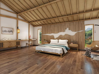Traditional Style Hotel Guest Room With Bamboo Roof Wooden Floors Walls And Mountain View Decor 3d model