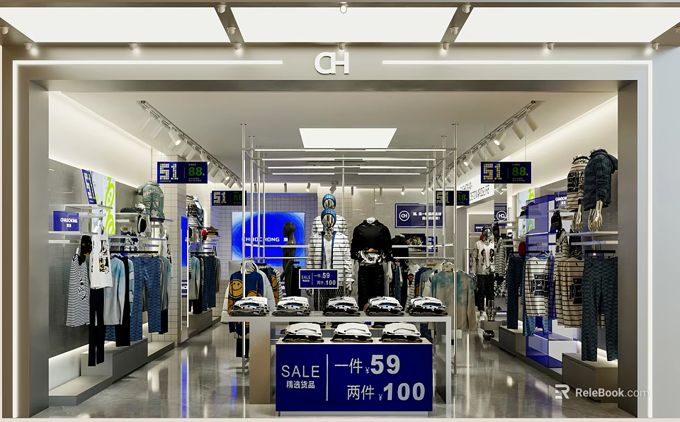 CH Clothing Store Interior With 59 Yuan Single 100 Yuan Two Items Clothing Displays Mannequins 3d model 