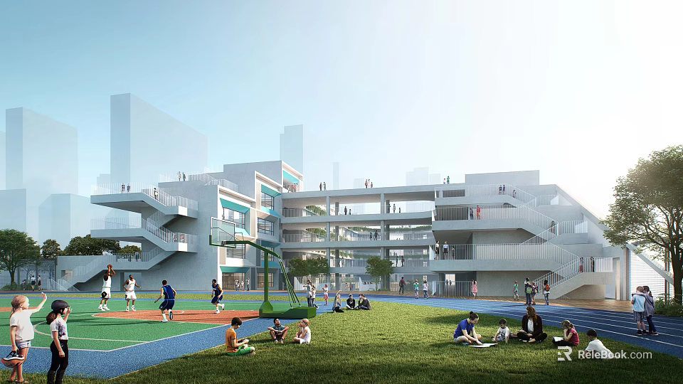 Modern School Building Open Multi Story Structure With Basketball Court Green Lawn And Students Activities 3d model 