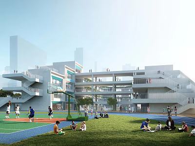 Modern School Building Open Multi Story Structure With Basketball Court Green Lawn And Students Activities 3d model
