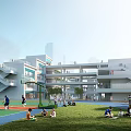 Modern School Building Open Multi Story Structure With Basketball Court Green Lawn And Students Activities