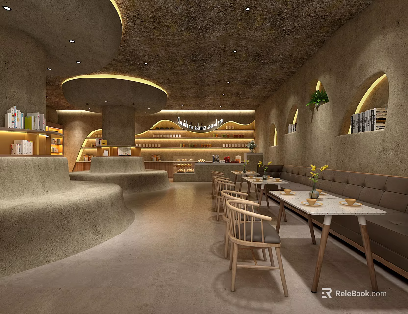 Modern Café Interior With Wooden Tables Curved Design And Warm Lighting 3d model 