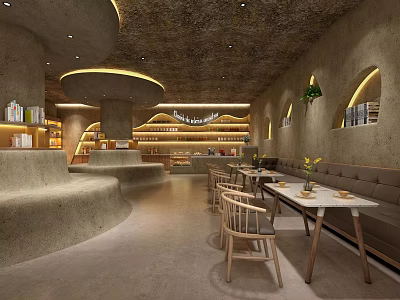 Modern Café Interior With Wooden Tables Curved Design And Warm Lighting 3d model