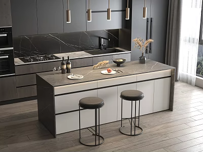 Modern Kitchen Interior With Marble Island Counter Gray Cabinets Stools And Hanging Lights 3d model