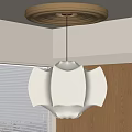 Modern White Petal Shaped Pendant Light With Wooden Ceiling Base Window Blinds And Cabinets