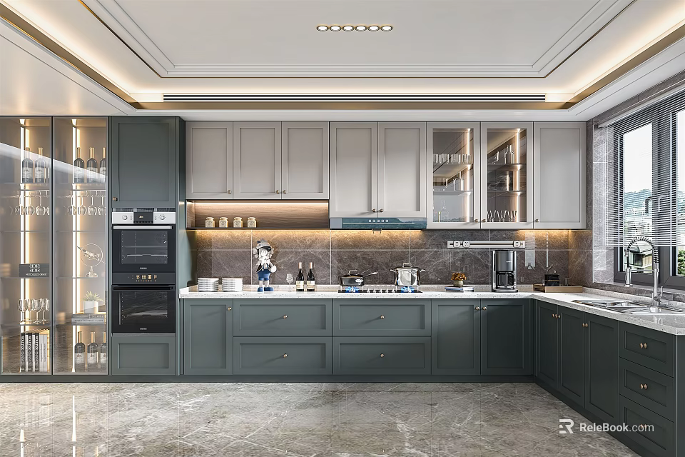 Modern Kitchen With Gray And White Cabinets Countertop Appliances Marble Flooring Natural Light From Window 3d model 