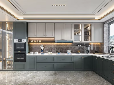 Modern Kitchen With Gray And White Cabinets Countertop Appliances Marble Flooring Natural Light From Window 3d model