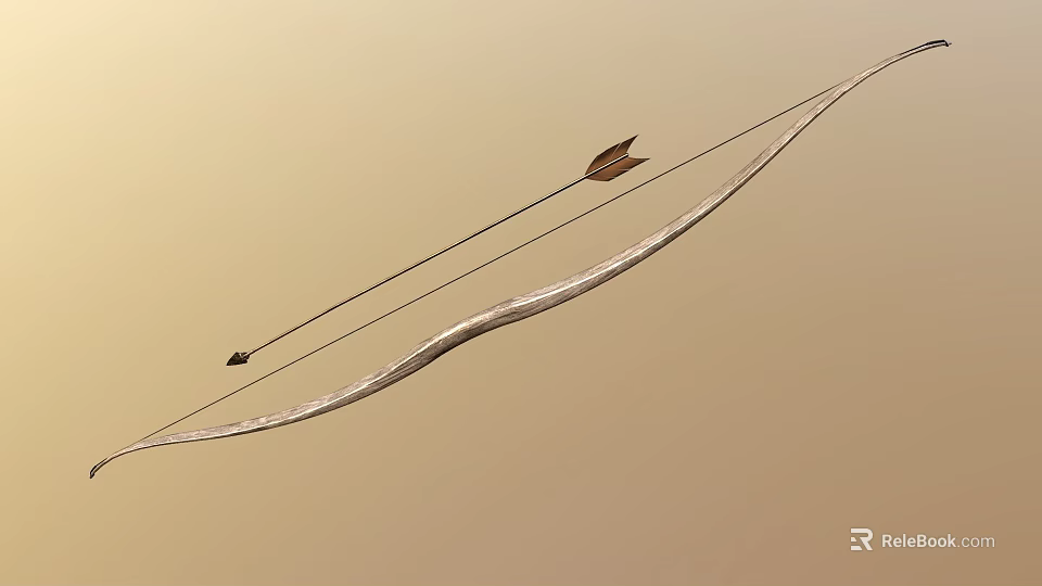Traditional Wooden Bow And Arrow Weapon Design With Curved Shape And Feathered Arrowhead 3d model 