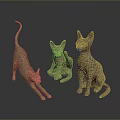 Three Textured Cat Sculptures In Different Postures On Dark Surface 3d model