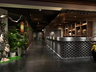 Chinese Style Hotel Lobby With Wooden Structure Stone Floor Green Plants And Lanterns 3d model