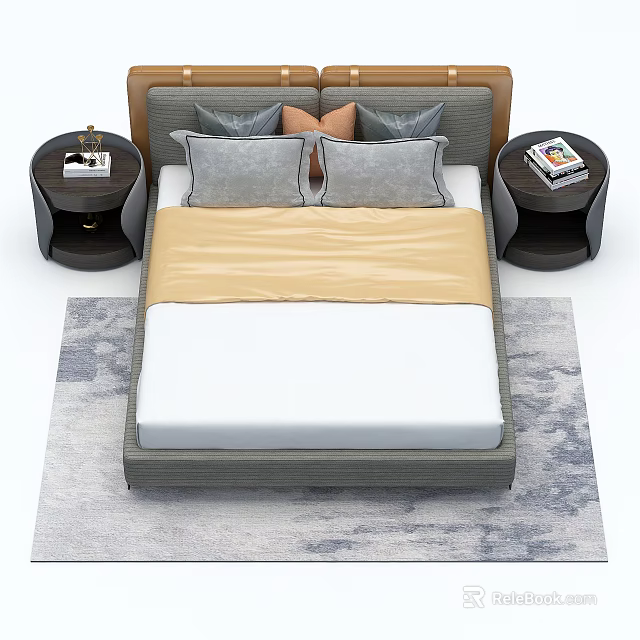 Modern Double Bed With Gray Orange Pillows Bedside Tables And Patterned Rug 3d model