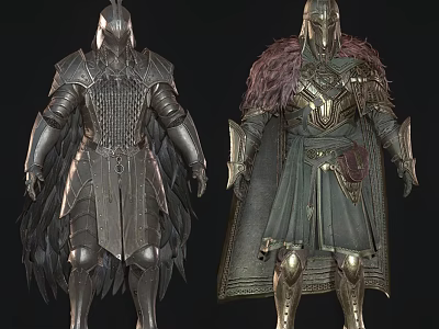 Game Movie Characters in Detailed Metallic Armor with Winged Shoulders Fur Cape Green Gold Accents 3d model