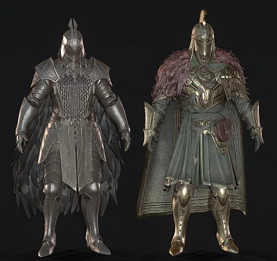 Game Movie Characters in Detailed Metallic Armor with Winged Shoulders Fur Cape Green Gold Accents 3d model