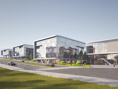 Scenic Commercial Street With Modern Glass Facade Buildings Road Greenery Cars And Pedestrians 3d model