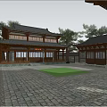 Traditional Chinese Ancient Architecture Featuring Classic Wooden Roof Courtyard And Stone Pavement Design