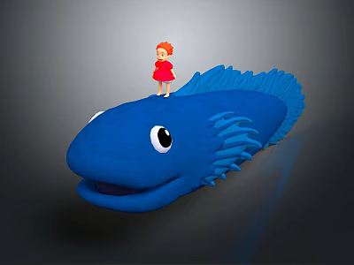 Little Girl In Red Dress Standing On Blue Giant Fish With Big Eyes And Fins 3d model