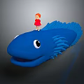 Little Girl In Red Dress Standing On Blue Giant Fish With Big Eyes And Fins