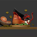 Sharp Knife On Wooden Cutting Board With Red Fruit Sliced Bowl And Gold Coins