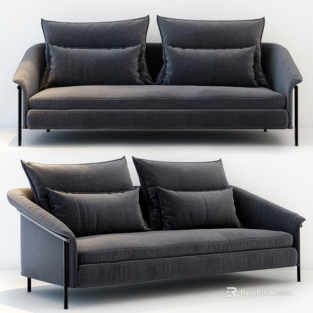 Modern Minimalist Two-Seater Sofa In Dark Gray Fabric With Comfortable Cushions 3d model 