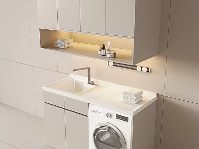Modern Bathroom Sink Vanity With Upper Cabinets Washing Machine And Towels 3d model