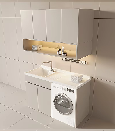 Modern Bathroom Sink Vanity With Upper Cabinets Washing Machine And Towels 3d model