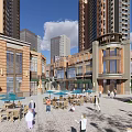Modern Commercial Street With Glass Windows Outdoor Seating Cafes And High Rise Buildings