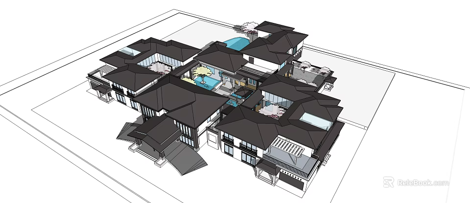 Luxury Villa Complex With Multiple Connected Buildings Dark Roofs And Central Swimming Pool 3d model
