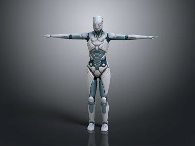 Game Movie Character Futuristic Robot With White And Blue Design Full Body Armor Arms Outstretched 3d model