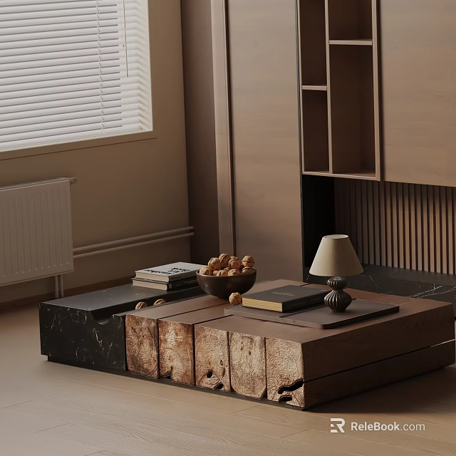 Modern Living Room Sofa Coffee Table Set With Wooden Table Walnuts Books And Lamp 3d model 
