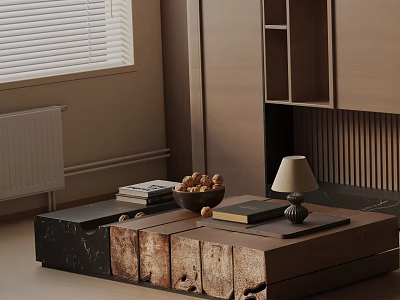 Modern Living Room Sofa Coffee Table Set With Wooden Table Walnuts Books And Lamp 3d model