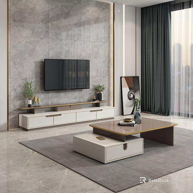 Modern TV Stand with Storage Drawers and Flat Screen TV Decorative Plants in Living Room 3d model 