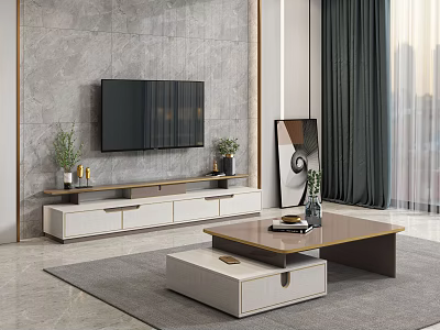 Modern TV Stand with Storage Drawers and Flat Screen TV Decorative Plants in Living Room 3d model