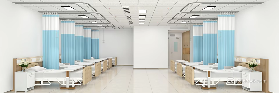 Hospital Outpatient Clinic Waiting Area With Blue Curtains White Walls And Tile Floors 3d model 
