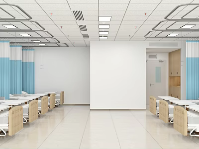 Hospital Outpatient Clinic Waiting Area With Blue Curtains White Walls And Tile Floors 3d model