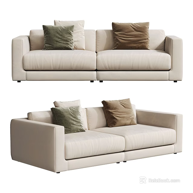 Beige Two-Seater Sofa with Green and Brown Cushions for Living Room Decor 3d model 