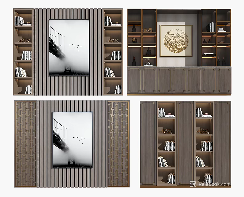 Modern Sofa Backdrop Wall Design With Built in Bookshelves And Decorative Artworks 3d model 