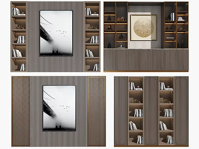 Modern Sofa Backdrop Wall Design With Built in Bookshelves And Decorative Artworks 3d model