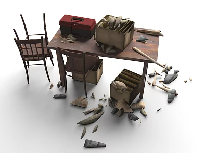 Fantasy Style Carton Broken Stool Abandoned Bag Work Garbage File Abandoned Desk 3d model