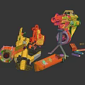 Creative Building Blocks Toys With Yellow And Orange Vehicle Models And Scattered Parts