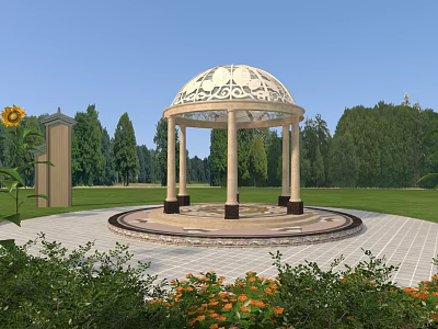 Intricate Carved Dome Gazebo With Circular Base In Park Grass And Trees Area 3d model