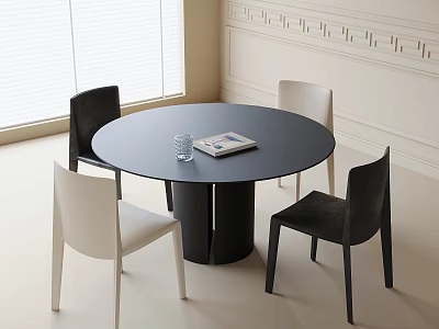 Modern Black Round Table and Chairs Set with White Black Seats Glass and Magazine 3d model