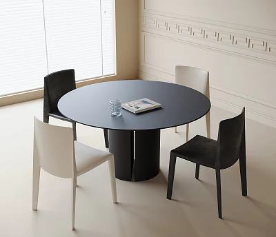 Modern Black Round Table and Chairs Set with White Black Seats Glass and Magazine 3d model
