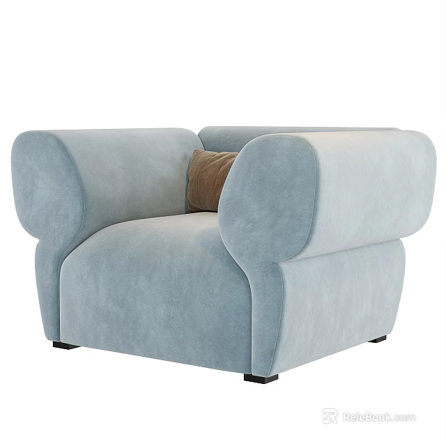 Light Blue Velvet Single Sofa with Oversized Rounded Armrests and Brown Cushion 3d model