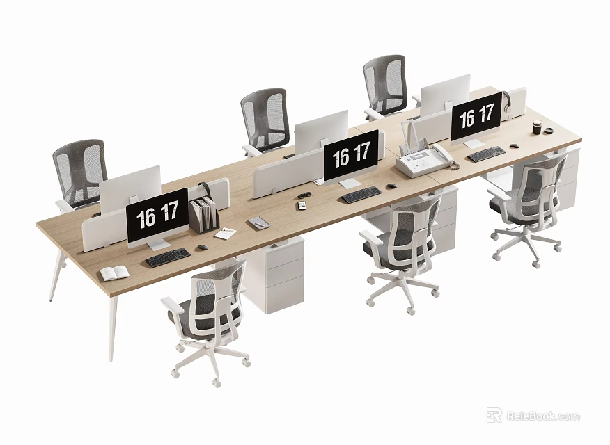 Modern Office Desk with Multiple Computer Monitors Ergonomic Chairs and Workstations Setup 3d model
