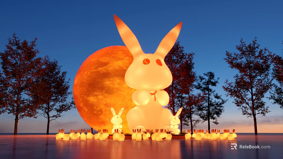 Giant Illuminated Rabbit Display With Red Moon Trees And Small Rabbit Lights 3d model