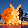 Giant Illuminated Rabbit Display With Red Moon Trees And Small Rabbit Lights 3d model