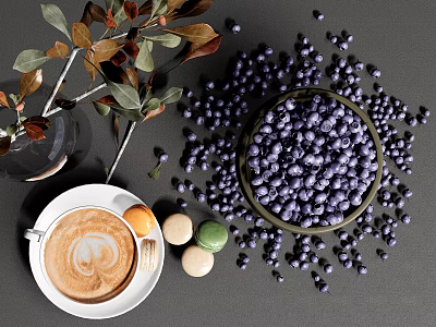 Fresh Blueberries in Bowl on Dark Surface with Coffee Cup Macarons and Leafy Vase 3d model